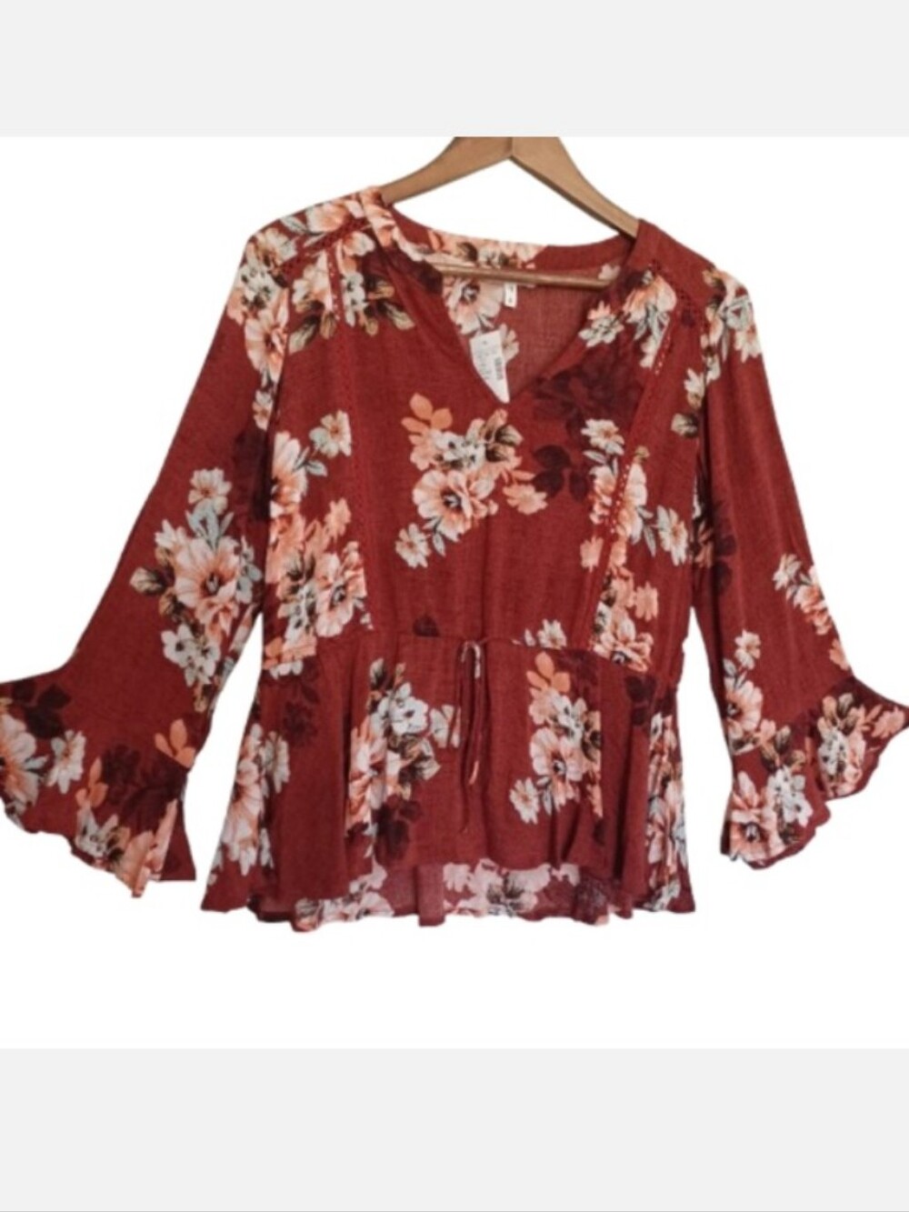 Maurices Floral Peplum Bell Sleeve Blouse Crochet Trim Top - Boho Red/Rust